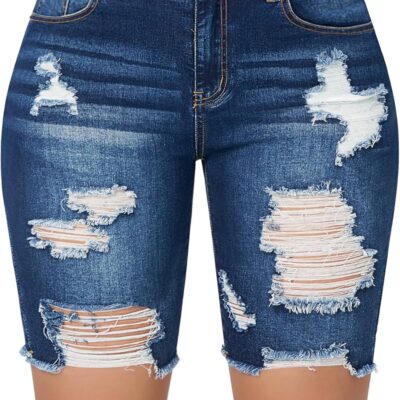 Women High Waisted Ripped Bermuda Denim Shorts Stretchy Knee Length Jean Shorts