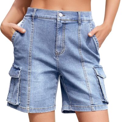 Bermuda Cargo Shorts for Women Knee Length 6 Pockets Elastic Waist Long Shorts for Summer Casual