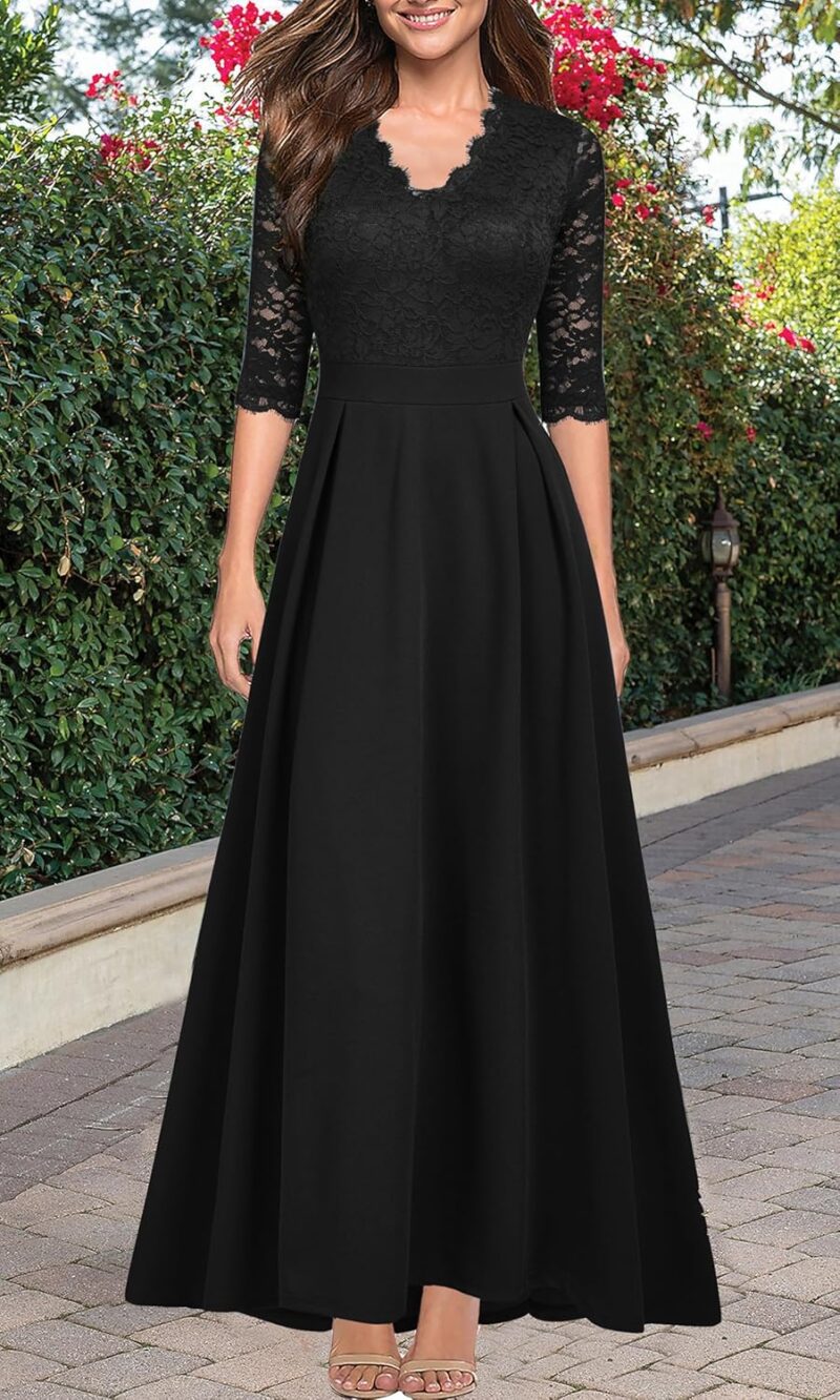 Women V Neck Lace Vintage Formal Bridesmaid Wedding Long Dress - Image 2