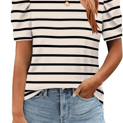 Blouse for Women Dressy Casual Puff Short Sleeve Boho Tops Fashion Floral Crew Neck Tunic Shirts Summer Clothes