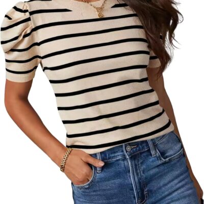 Women's 2025 Summer Short Puff Sleeve Knit Tops Trendy Crewneck Striped Shirts Dressy Casual Blouses