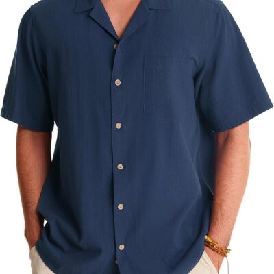 Mens Linen Shirts Short Sleeve Button Down Shirts Cotton Summer Beach Cuban Shirts Vacation Hawaiian Shirts