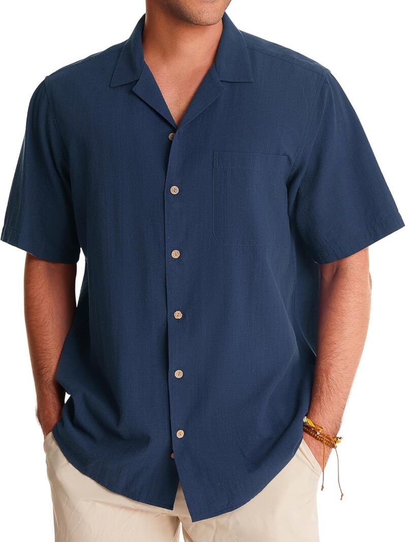 Mens Linen Shirts Short Sleeve Button Down Shirts Cotton Summer Beach Cuban Shirts Vacation Hawaiian Shirts
