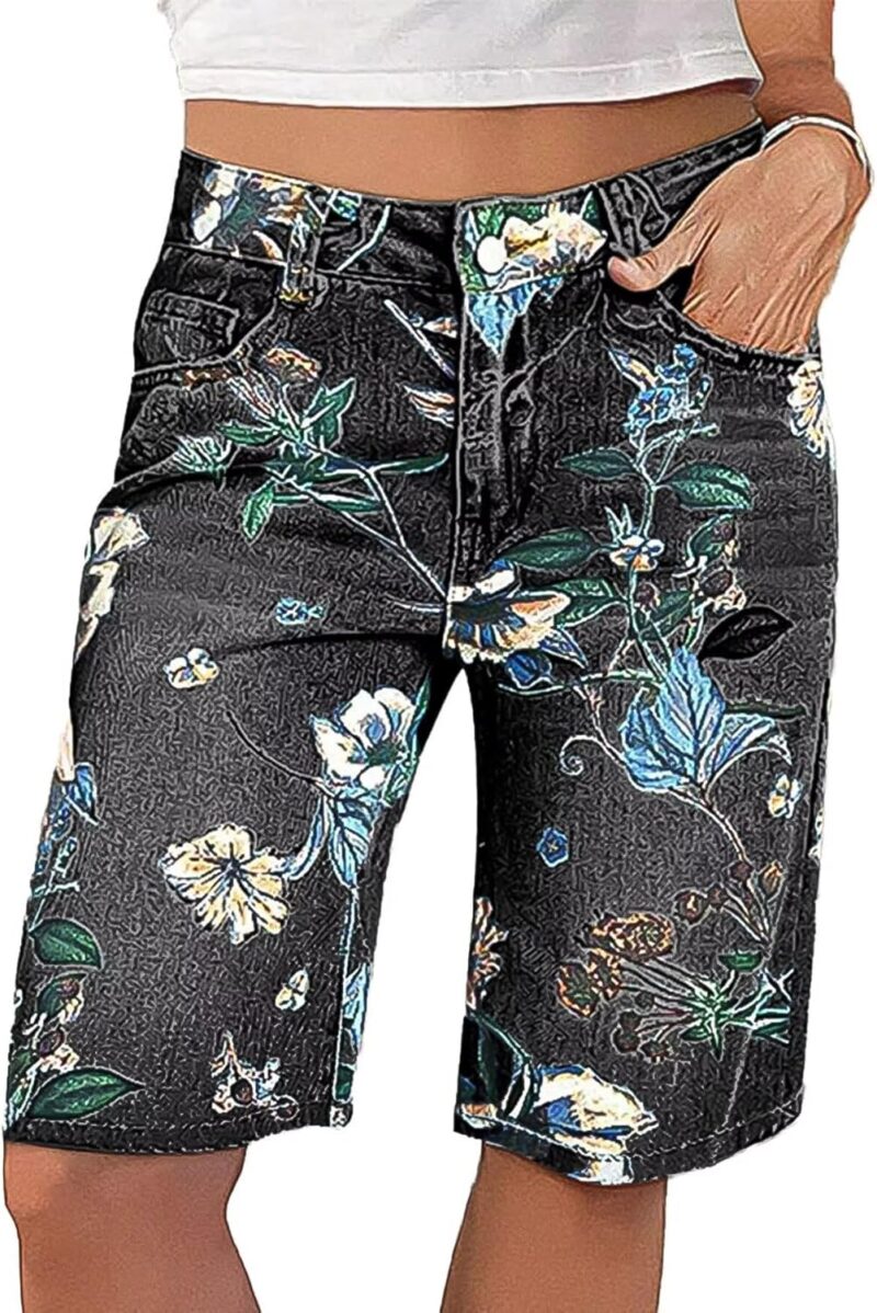High Waisted Bermuda Shorts for Women Knee Length Floral Print Stretchy Summer Denim Shorts Trendy - Image 2