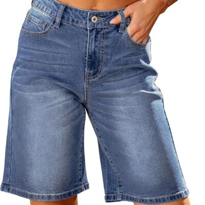 Bermuda Jean Shorts for Women High Waisted Trendy Stretchy Denim Shorts Knee Length Cutoff Loose Fit Long Shorts