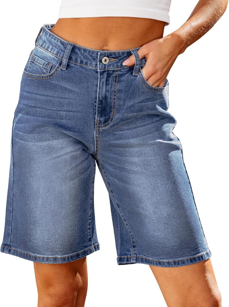 Bermuda Jean Shorts for Women High Waisted Trendy Stretchy Denim Shorts Knee Length Cutoff Loose Fit Long Shorts