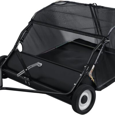 44-Inch Tow Behind Lawn Sweeper, Heavy Duty Yard Sweeper with Dumping Rope Rubber Wheels, Adjustable Sweeping Height Large Capacity Leaf Grass Collector (Black)